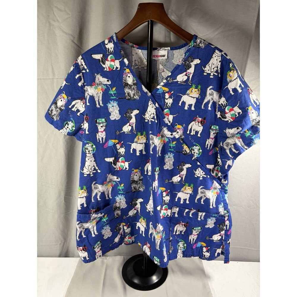 Fashion Scrubs Women’s Scrub Top Large Lightweight Multiple Pockets Blue Dogs